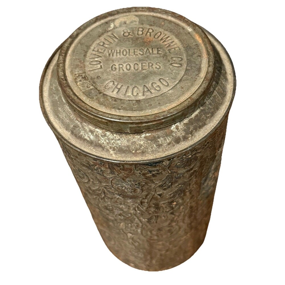 Loverin & Browne Co. Wholesale Grocers Chicago Embossed Tin Antique Vintage